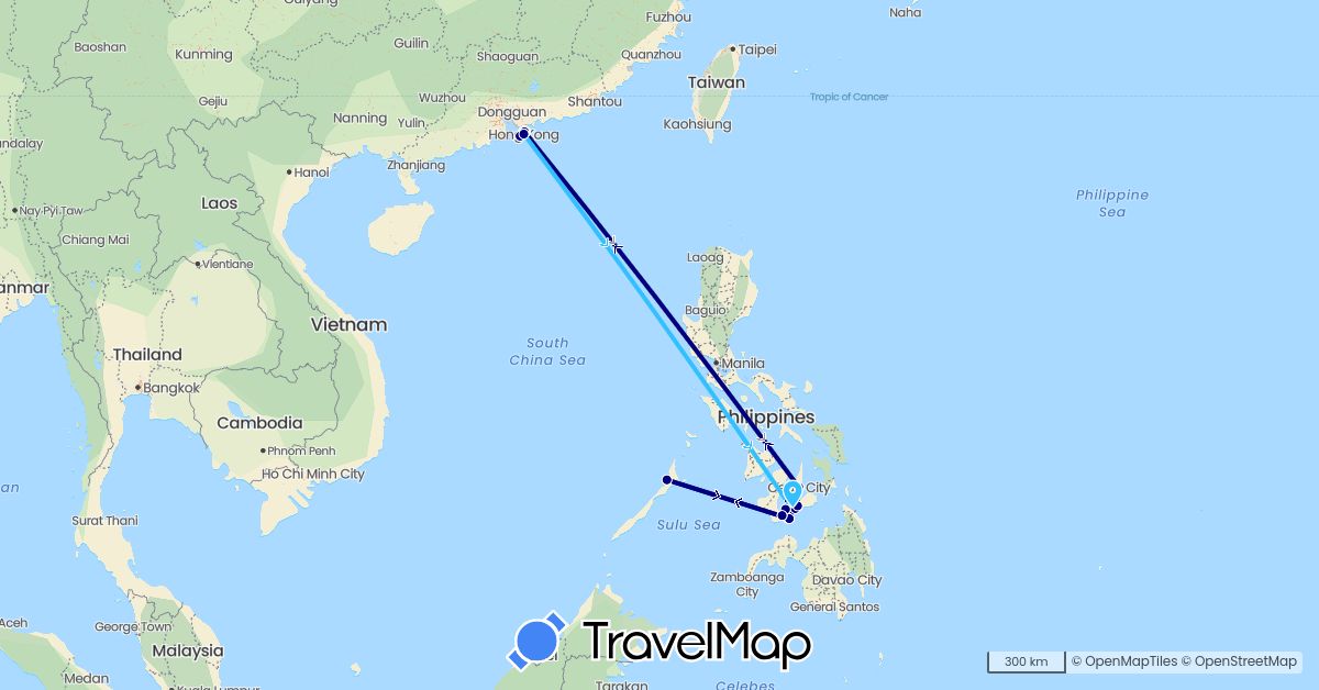 TravelMap itinerary: driving, plane, boat in China, Philippines (Asia)